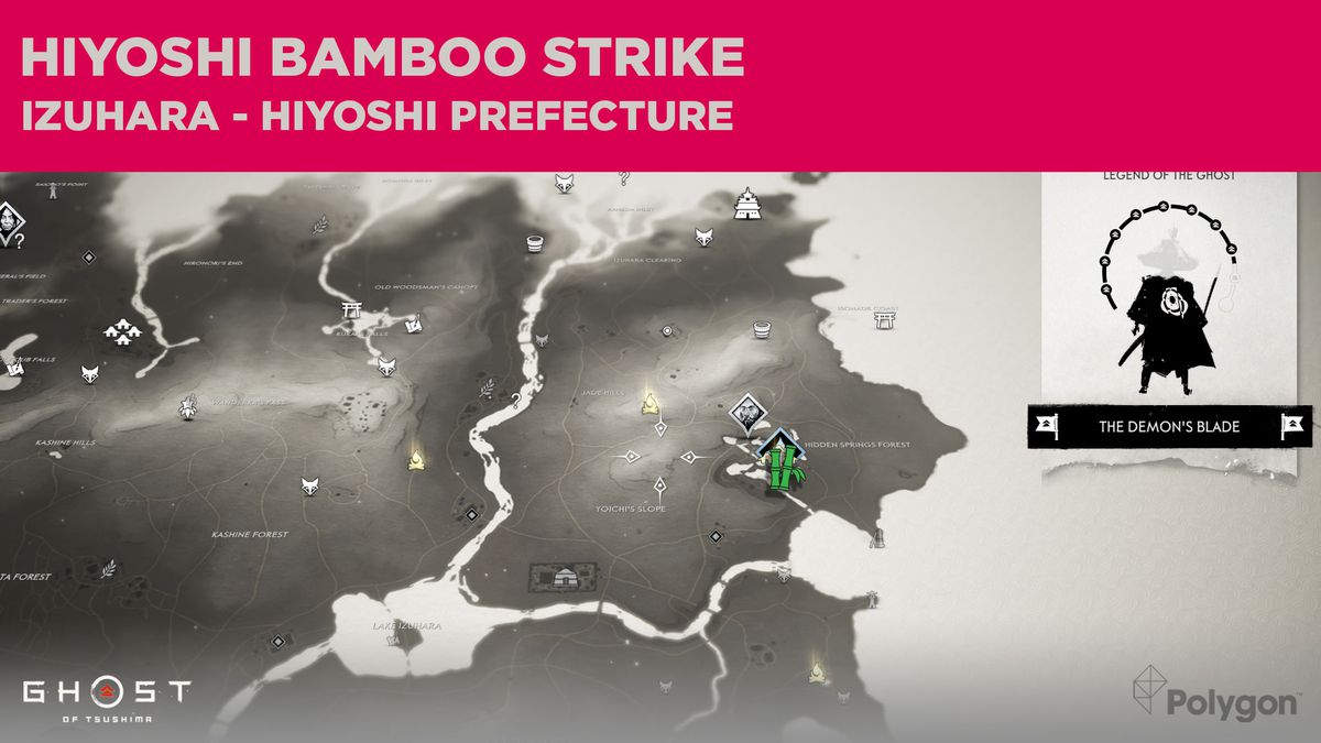 La ubicación del Bamboo Strike en Hiyoshi en Ghost of Tsushima