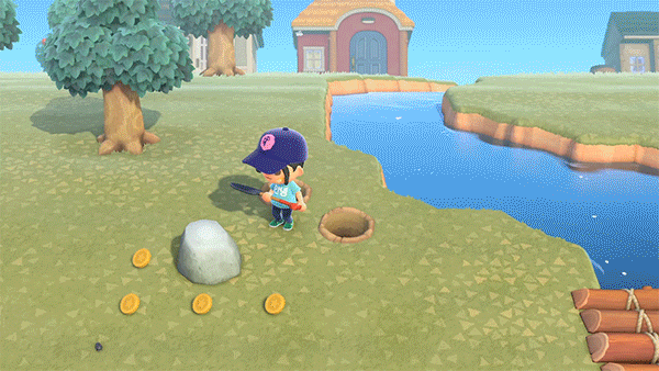 Un gif de un personaje de Animal Crossing golpeando una roca y tocando una campana
