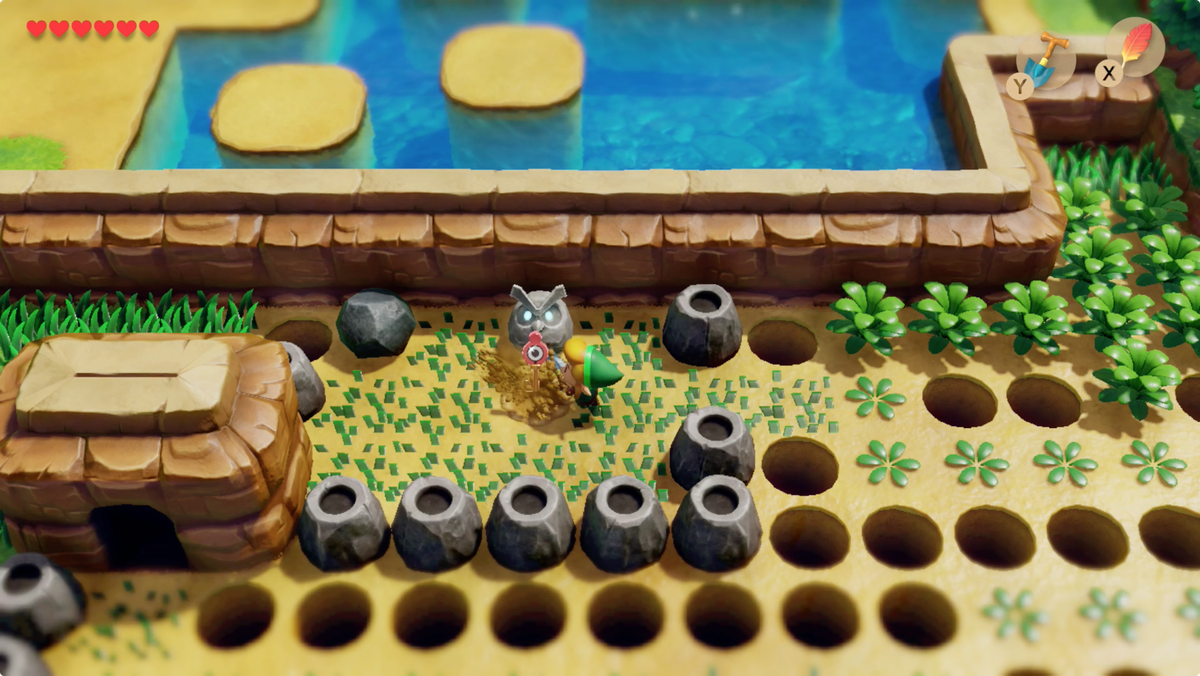Link's Awakening Pothole Field usa la pala para cavar en busca de la llave Slime